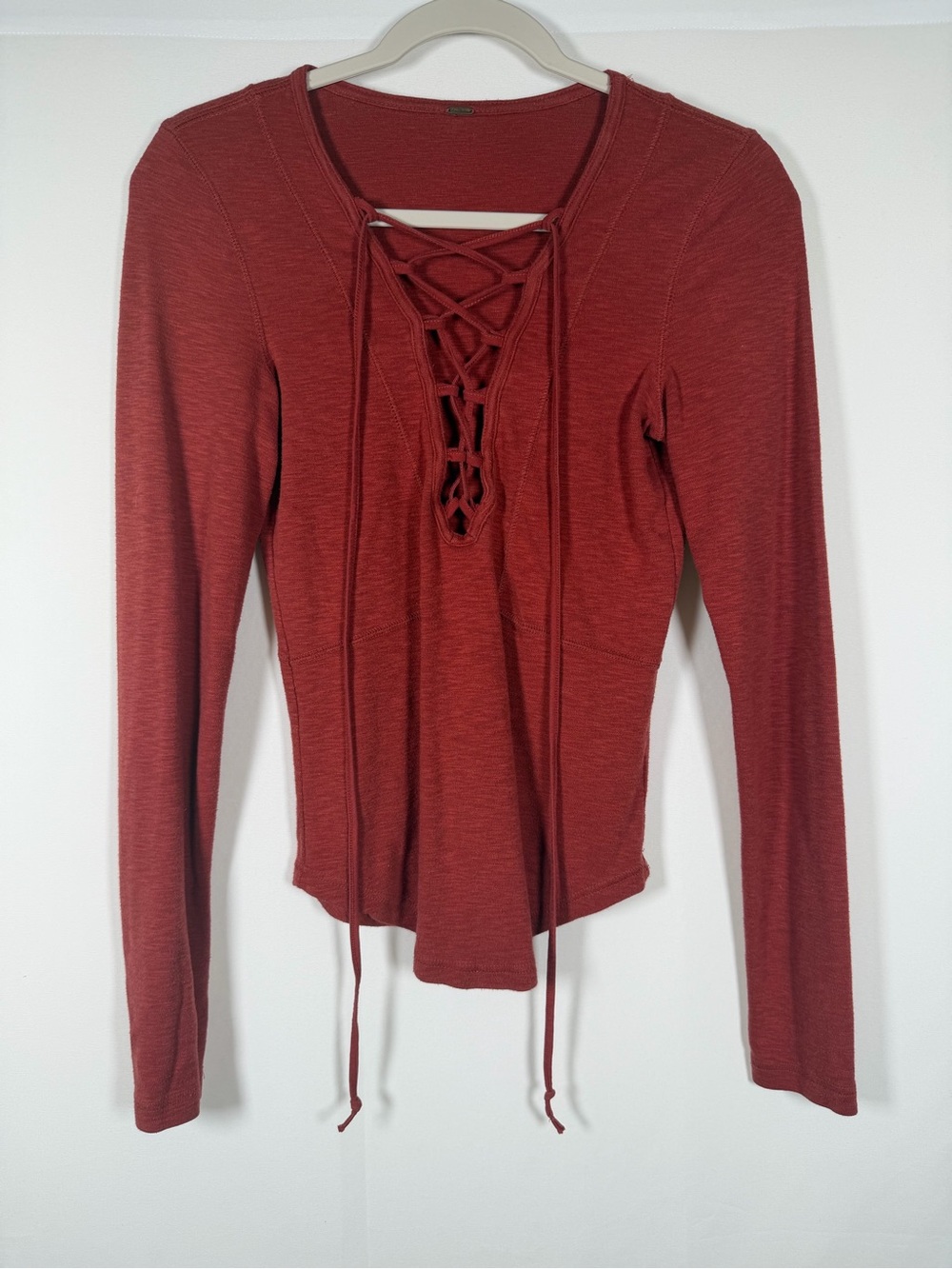 Free People Rust Lucky Lace-Up Long Sleeve Tee